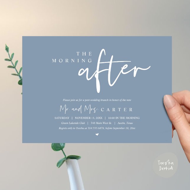 Invitation Le lendemain matin, brunch post-mariage (The Morning After, Post Wedding Brunch Invitation Card PDF Beautiful Summer Dusty Blue)