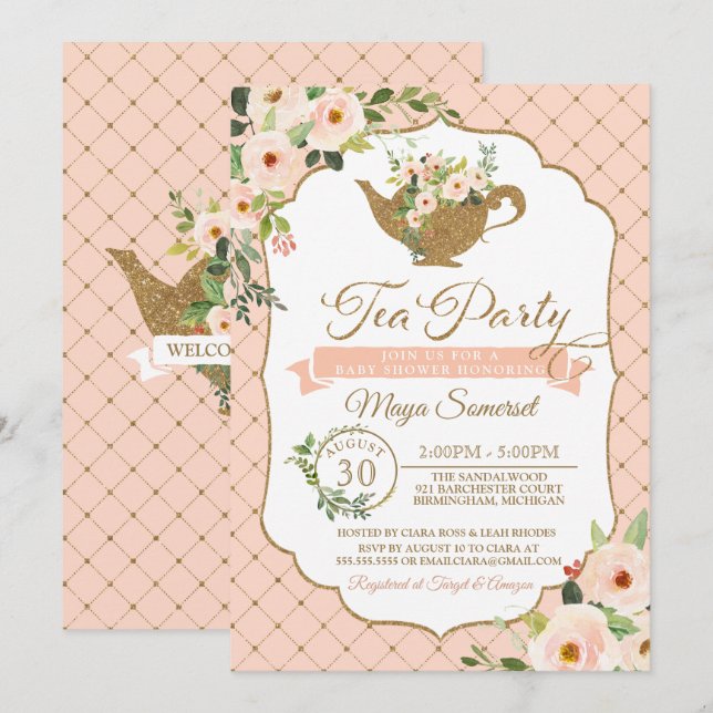 Invitation Le luxe de thé rougissent baby shower floral de (Devant / Derrière)