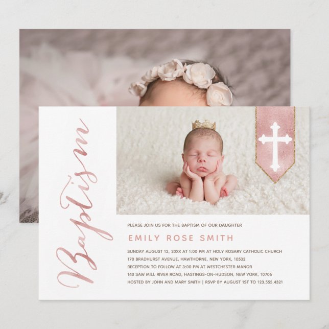 Invitation Le manuscrit de baptême brillant rougissent (Devant / Derrière)