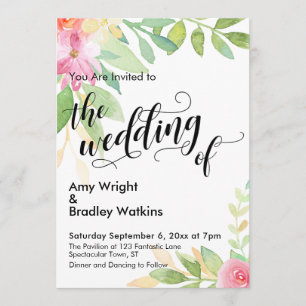 Invitation Le Mariage de la calligraphie et des fleurs d'aqua