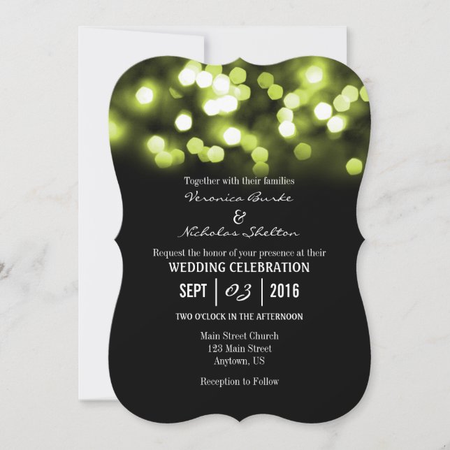 Invitation Le mariage de Lime Black Bokeh sur la Parties scin (Devant)