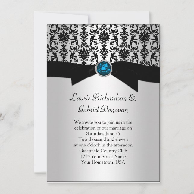 Invitation Le Mariage des bijoux bleus Damask noir et argent  (Devant)