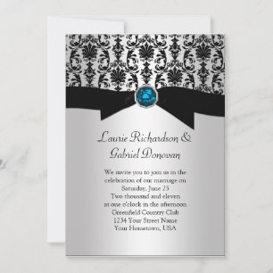 Invitation Le Mariage des bijoux bleus Damask noir et argent