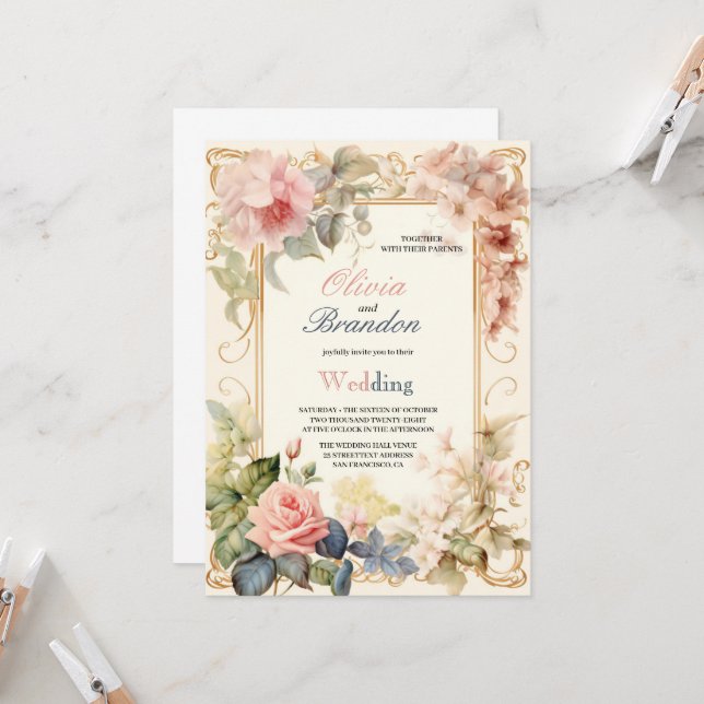 INVITATION LE MARIAGE FLEURS LE PLUS MODERNE ET ÉLÉGANT (Devant/Arrière en situation)