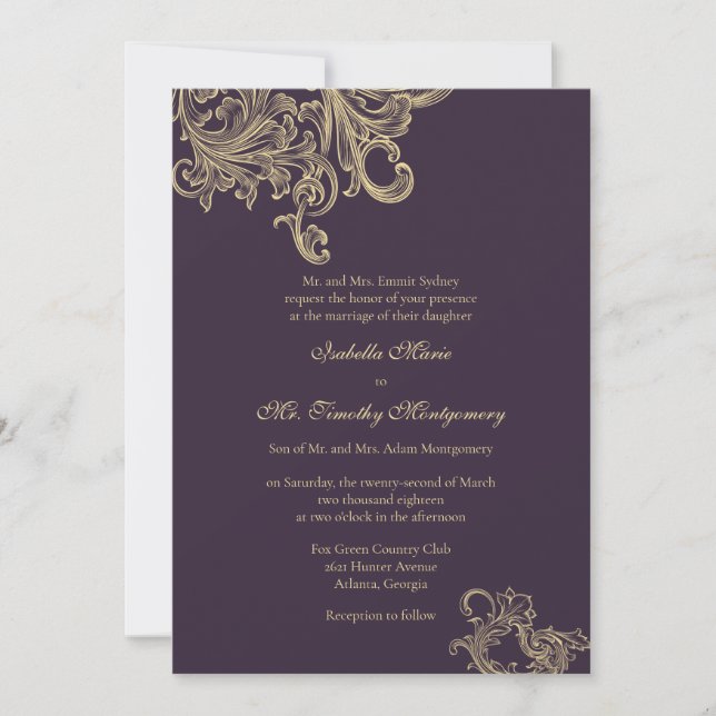 Invitation Le mariage pourpre élégant de Flourish de prune (Devant)