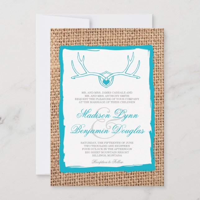 Invitation Le mariage Turquoise de Rustic Deer Antlers (Devant)