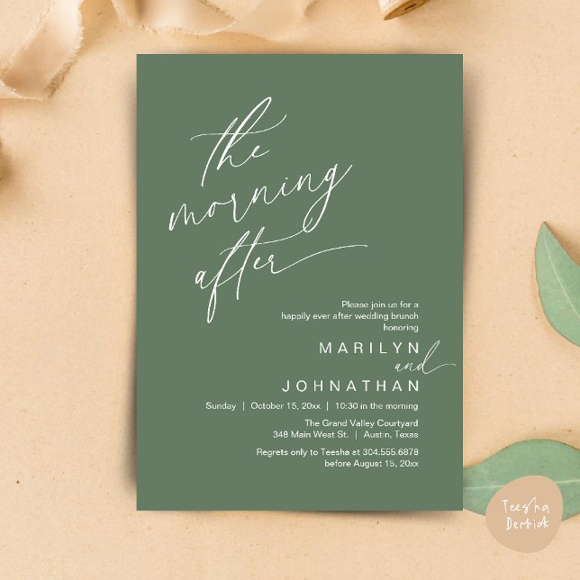 Invitation Le Matin Après, Heureusement Jamais Après Brunch (The Morning After, Happily Ever After Brunch Invitation Card PDF in Romantic Aesthetic Sage Green)