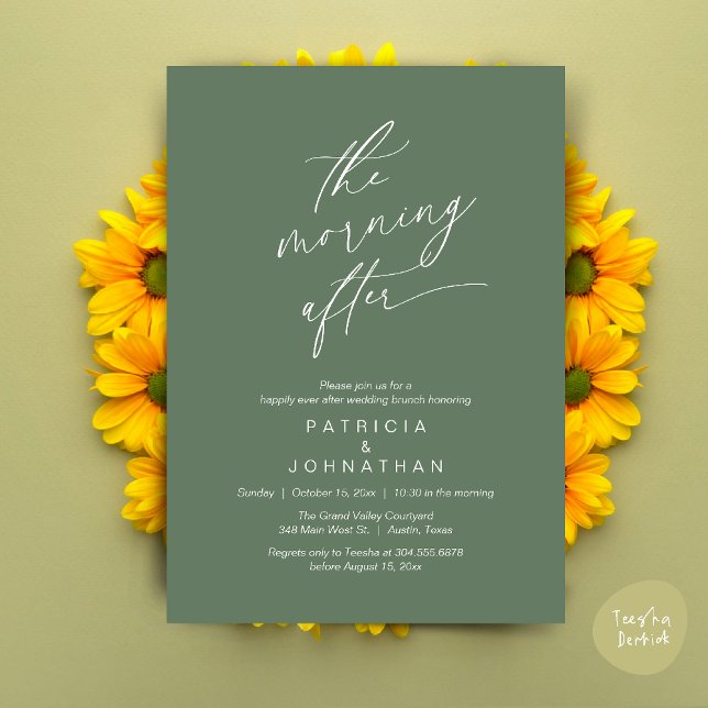 Invitation Le Matin Après, Heureusement Jamais Après Brunch (The Morning After, Happily Ever After Brunch Invitation Card PDF in Romantic Aesthetic Sage Green)
