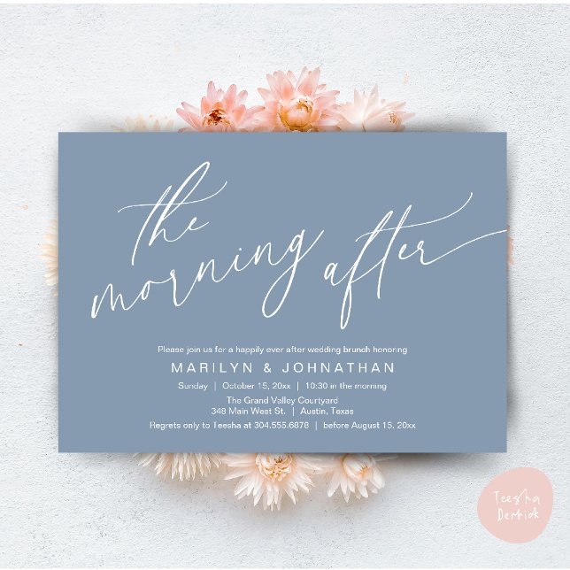 Invitation Le Matin Après, Heureusement Jamais Après Brunch (The Morning After, Happily Ever After Brunch Invitation Card PDF in Romantic Aesthetic Dusty Blue)