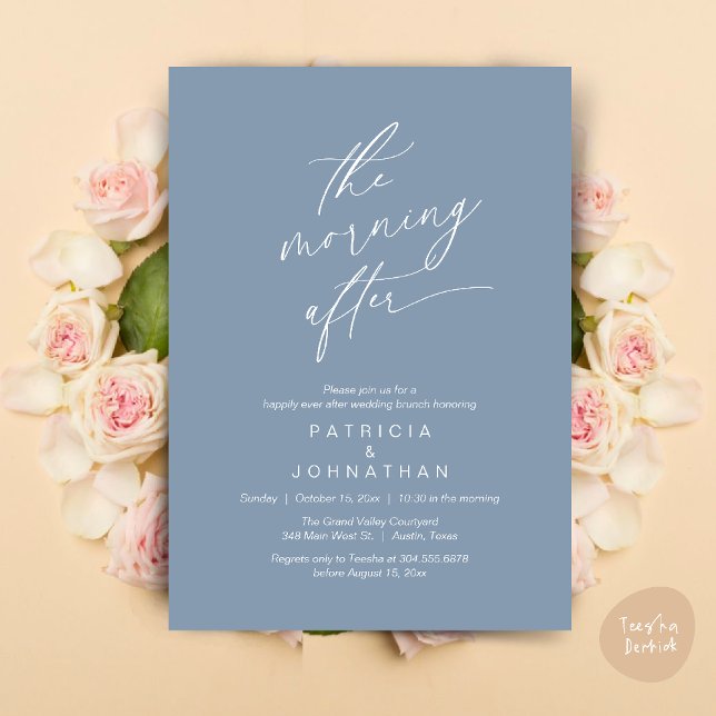 Invitation Le Matin Après, Heureusement Jamais Après Brunch (The Morning After, Happily Ever After Brunch Invitation Card PDF in Romantic Aesthetic Dusty Blue)