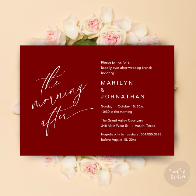 Invitation Le Matin Après, Heureusement Jamais Après Brunch (The Morning After, Happily Ever After Brunch Invites Card PDF Romantic Aesthetic Burgundy Wine Red)