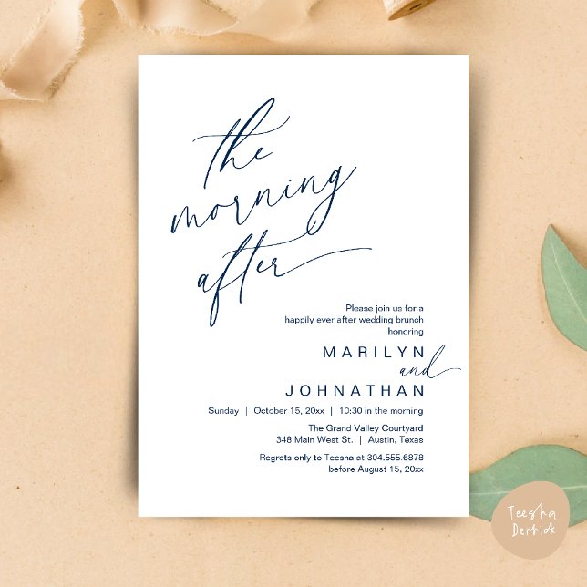 Invitation Le Matin Après, Heureusement Jamais Après Brunch (The Morning After, Happily Ever After Brunch Invites Card PDF Romantic Aesthetic Navy Blue)