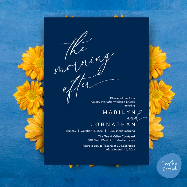 Invitation Le Matin Après, Heureusement Jamais Après Brunch (The Morning After, Happily Ever After Brunch Invites Card PDF Romantic Aesthetic Navy Blue)