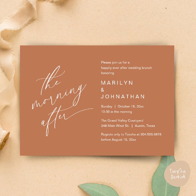 Invitation Le Matin Après, Heureusement Jamais Après Brunch (The Morning After, Happily Ever After Brunch Invitation Card PDF in Romantic Aesthetic Copper Brown)