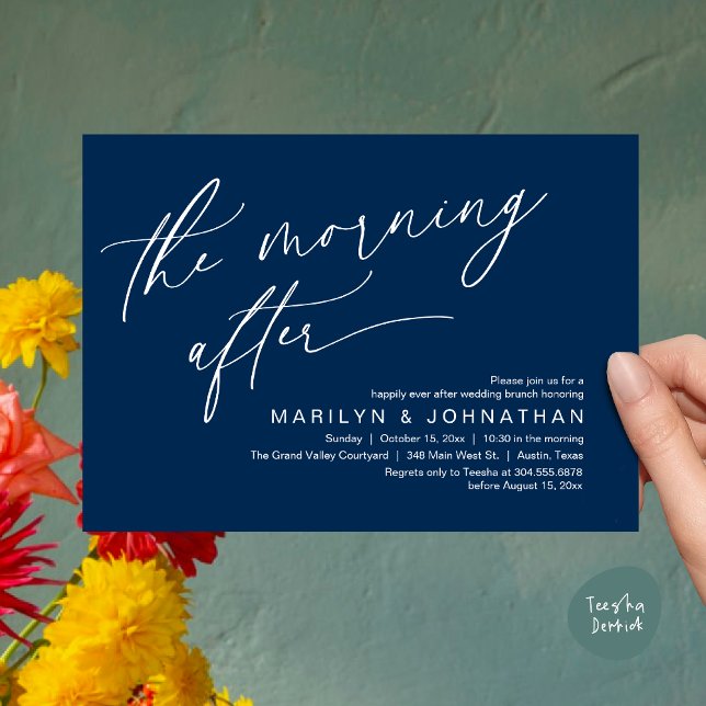 Invitation Le Matin Après, Heureusement Jamais Après Brunch (The Morning After Modern Romantic Post Wedding Elopement Brunch Invitation Card PDF in Navy Blue)
