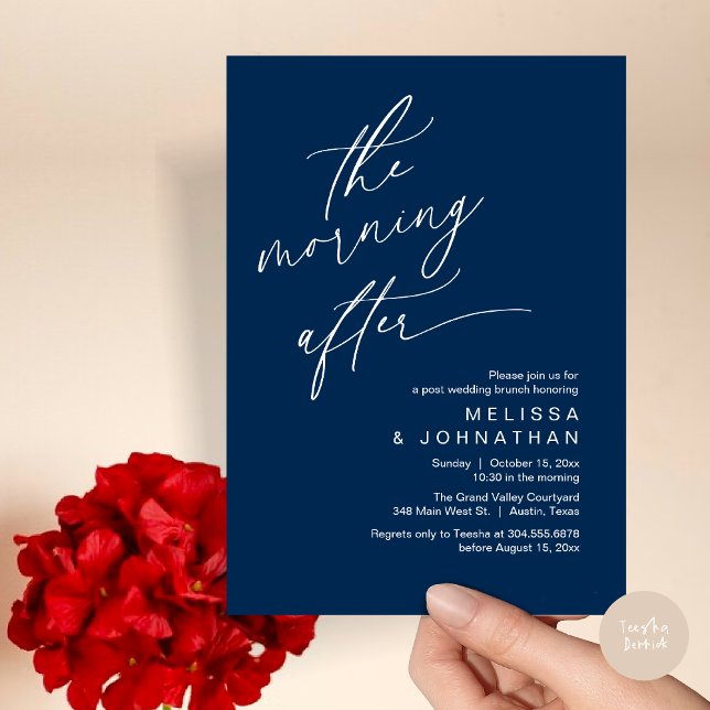 Invitation Le Matin Après, Heureusement Jamais Après Brunch (The Morning After Modern Romantic Post Wedding Elopement Brunch Invitation Card PDF in Navy Blue)