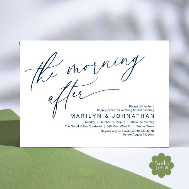 Invitation Le Matin Après, Heureusement Jamais Après Brunch (The Morning After Modern Romantic Post Wedding Elopement Brunch Invitation Card PDF in Navy Blue)