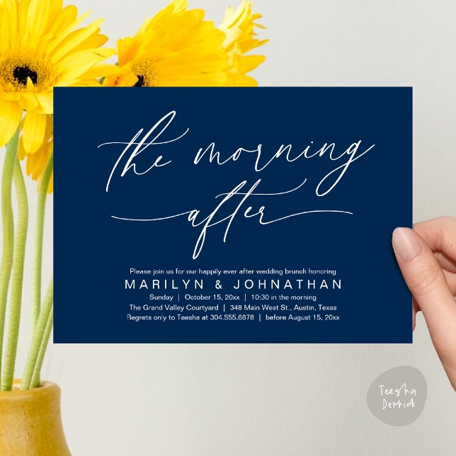 Invitation Le matin après le Brunch Moderne Mariage Elopement (The Morning After Modern Romantic Post Wedding Elopement Brunch Invitation Card PDF in Navy Blue)