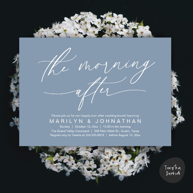 Invitation Le matin après le Brunch Moderne Mariage Elopement (The Morning After Modern Romantic Post Wedding Elopement Brunch Invitation Card PDF in Dusty Blue)