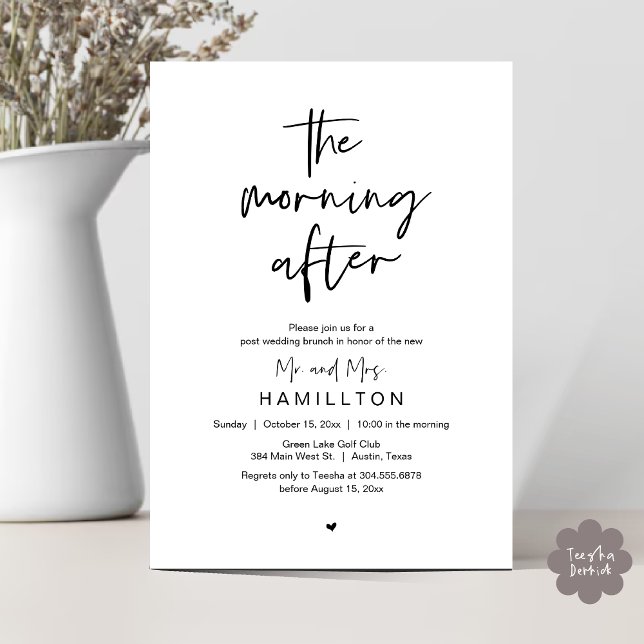 Invitation Le matin suivant, Post Mariage Brunch (The Morning After, Post Wedding Brunch Elopement Modern Casual Invites Card PDF in Black White)