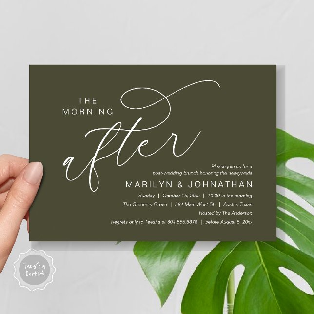 Invitation Le matin suivant, Post Mariage Brunch Merci (The Morning After, Post Wedding Brunch Appreciate Thank You Invitation Card PDF Olive Green)