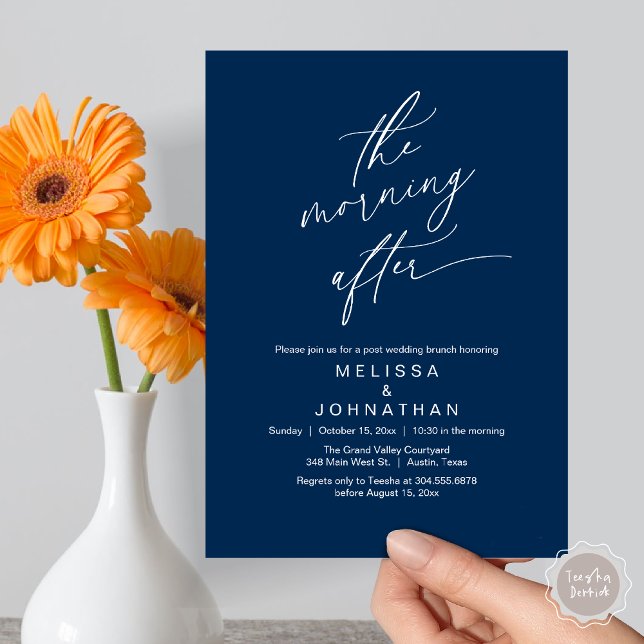 Invitation Le matin suivant, Romantic Post Mariage Brunch (The Morning After Modern Romantic Post Wedding Elopement Brunch Invitation Card PDF in Navy Blue)