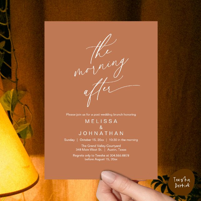Invitation Le matin suivant, Romantic Post Mariage Brunch (The Morning After Modern Romantic Post Wedding Elopement Brunch Invitation Card PDF in Copper Brown)