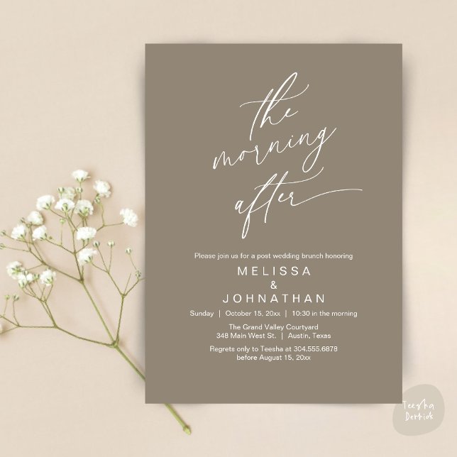 Invitation Le matin suivant, Romantic Post Mariage Brunch (The Morning After Modern Romantic Post Wedding Elopement Brunch Invitation Card PDF in Taupe Brown)