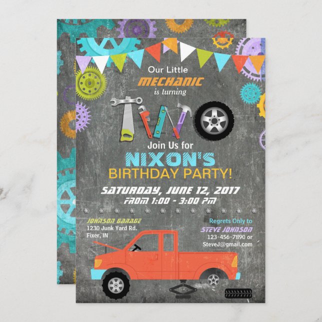 Invitation Le mécanicien de voiture embraye l'anniversaire de (Devant / Derrière)