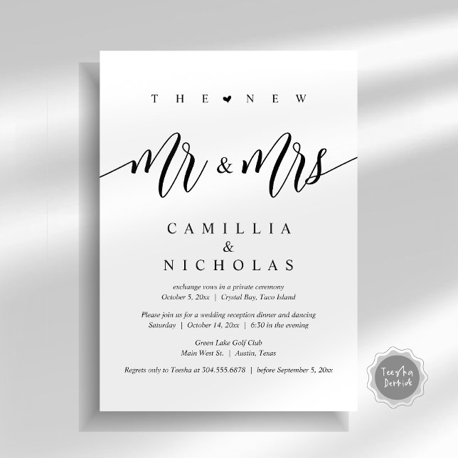 Invitation Le New Mr and Mrs, Mariage Elopement Dinner Party (The New Mr and Mrs, Wedding Elopement Dinner Party Invitation Card, PDF, White Black)