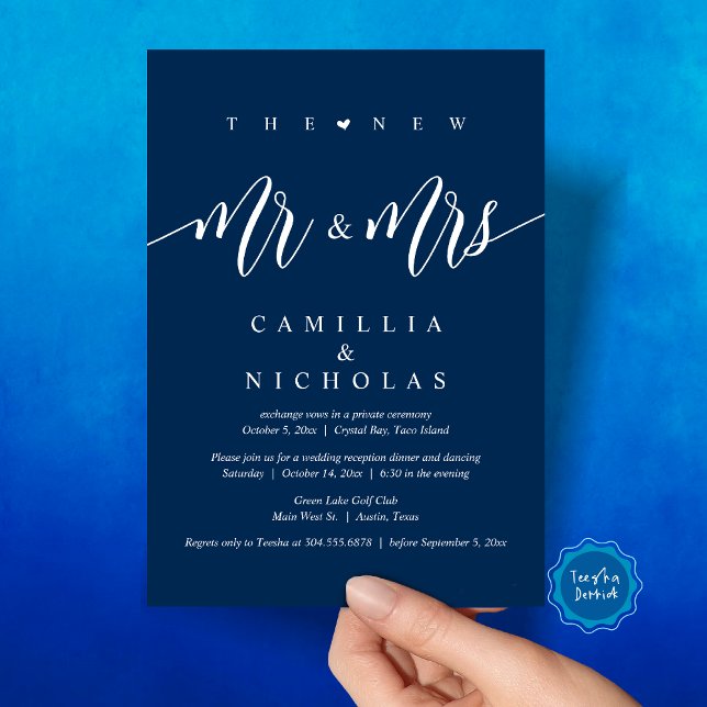 Invitation Le New Mr and Mrs, Mariage Elopement Dinner Party (The New Mr and Mrs, Wedding Elopement Dinner Party Invitation Card, PDF, Navy Blue)