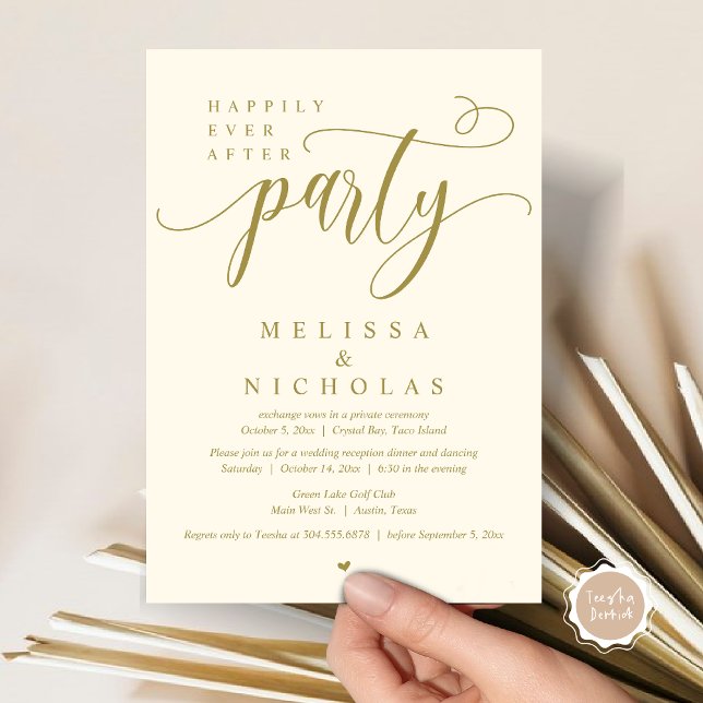 Invitation Le New Mr and Mrs, Mariage Elopement Dinner Party (Happily ever after, Wedding Elopement Dinner Party Lunch Brunch Invitation Card, PDF, Yellow Gold)