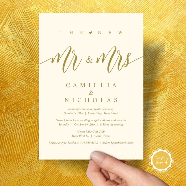Invitation Le New Mr and Mrs, Mariage Elopement Dinner Party (The New Mr and Mrs, Wedding Elopement Dinner Party Lunch Brunch Invitation Card, PDF, Yellow Gold)