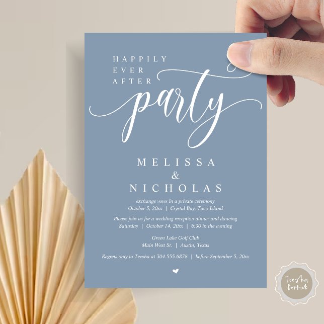 Invitation Le New Mr and Mrs, Mariage Elopement Dinner Party (Happily ever after Wedding Elopement Dinner Party dancing Invitation Card, PDF, Dusty Blue)