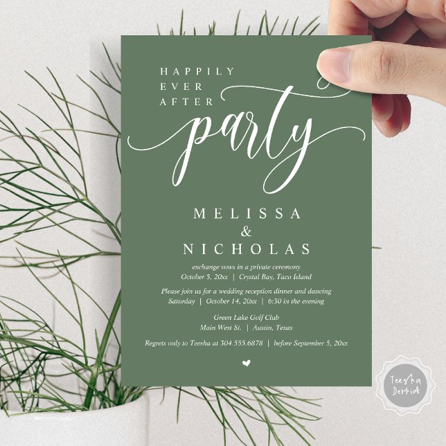 Invitation Le New Mr and Mrs, Mariage Elopement Dinner Party (Happily ever after, Wedding Elopement Dinner Party Lunch Invitation Card, PDF, Forest Sage Green)