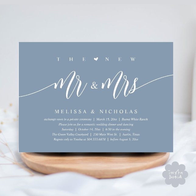 Invitation Le New Mr and Mrs, Modern Mariage Dinner Party (The New Mr and Mrs, Modern Romantic Wedding Dinner Party Invites Minimalist Card PDF in Dusty Blue)
