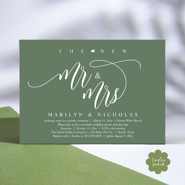 Invitation Le New Mr and Mrs, Modern Mariage Dinner Party (The New Mr and Mrs, Modern Romantic Wedding Dinner Party Invites Minimalist Card PDF in Sage Green)