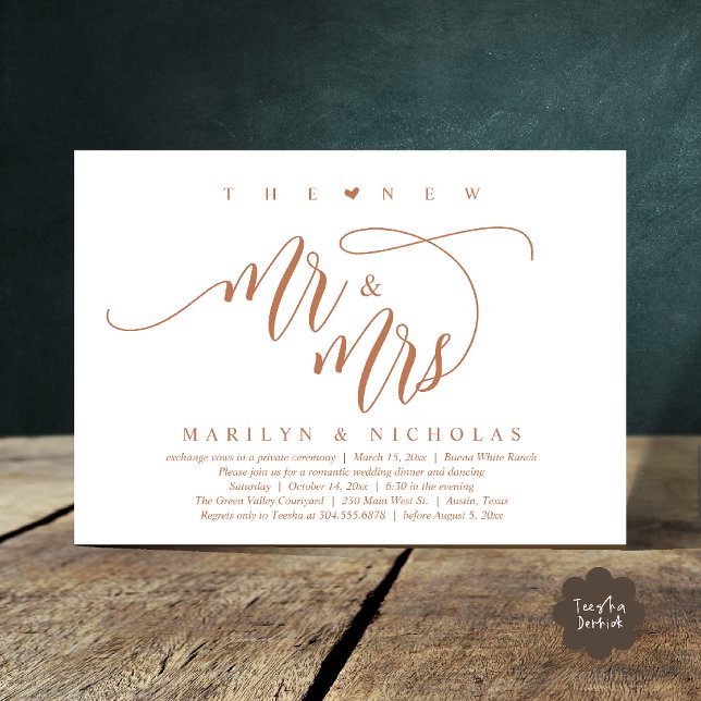 Invitation Le New Mr and Mrs, Modern Mariage Dinner Party (The New Mr and Mrs, Modern Romantic Wedding Dinner Party Invites Card PDF in Copper Brown)
