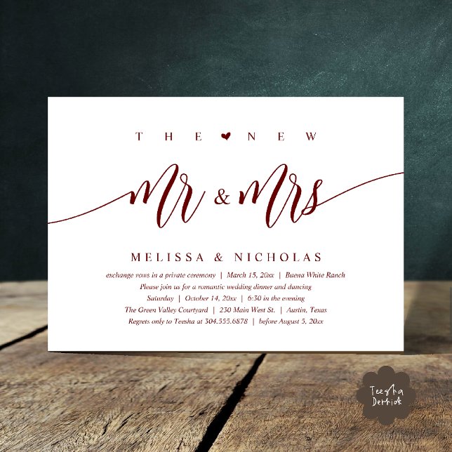 Invitation Le New Mr and Mrs, Modern Mariage Dinner Party (The New Mr and Mrs, Modern Romantic Wedding Dinner Party Invites Card PDF in Burgundy Wine Red)