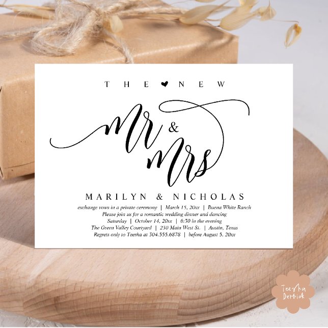 Invitation Le New Mr and Mrs, Modern Mariage Dinner Party (The New Mr and Mrs, Modern Romantic Wedding Dinner Party Invites Minimalist Card PDF in Black White)