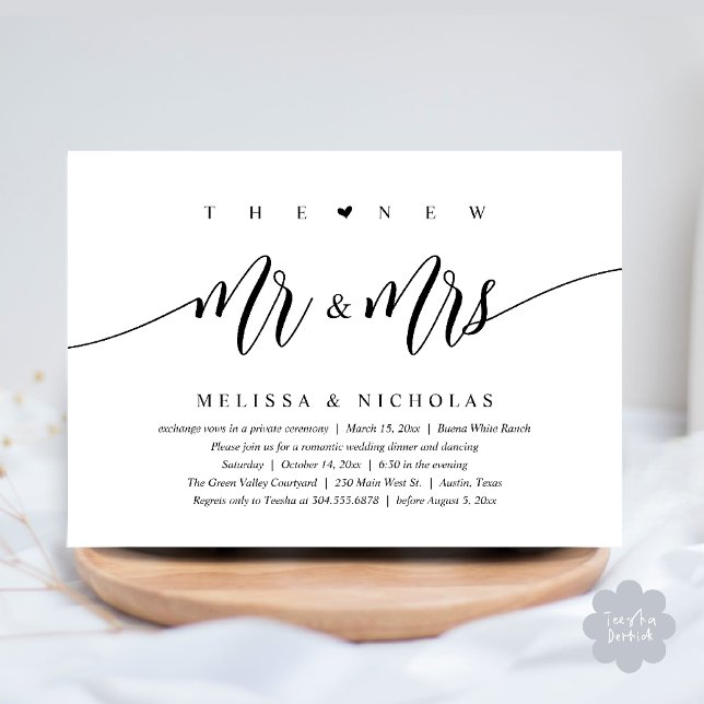 Invitation Le New Mr and Mrs, Modern Mariage Dinner Party (The New Mr and Mrs, Modern Romantic Wedding Dinner Party Invites Minimalist Card PDF in Black White)