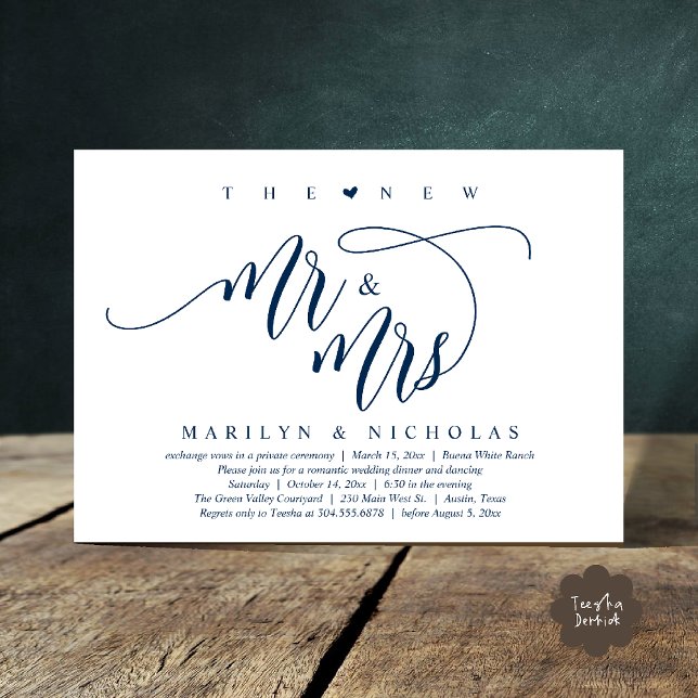 Invitation Le New Mr and Mrs, Modern Mariage Dinner Party (The New Mr and Mrs, Modern Romantic Wedding Dinner Party Invites Minimalist Card PDF in Navy blue)