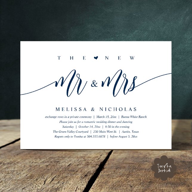Invitation Le New Mr and Mrs, Modern Mariage Dinner Party (The New Mr and Mrs, Modern Romantic Wedding Dinner Party Invites Minimalist Card PDF in Navy blue)