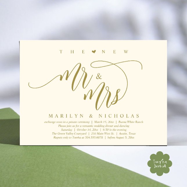 Invitation Le New Mr and Mrs, Modern Mariage Dinner Party (The New Mr and Mrs, Modern Romantic Wedding Dinner Party Invites Card PDF in Aesthetic Yellow Gold)