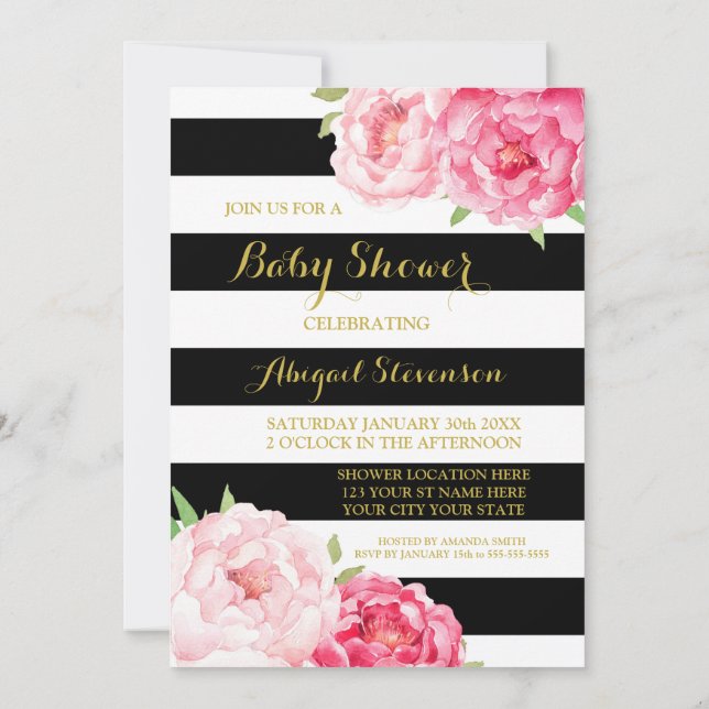 Invitation Le noir barre le baby shower de fleurs d'aquarelle (Dos)