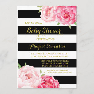 Invitation Le noir barre le baby shower de fleurs d'aquarelle