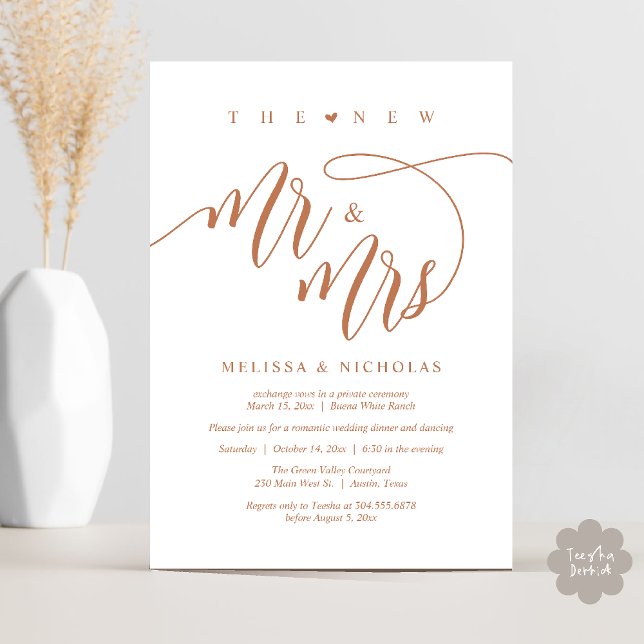 Invitation Le nouveau dîner de mariage moderne Mr et Mrs (The New Mr and Mrs, Modern Romantic Wedding Dinner Party Invites Card PDF in Copper Brown)