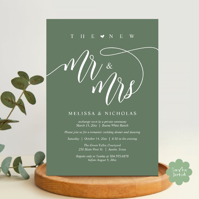 Invitation Le nouveau dîner de mariage moderne Mr et Mrs (The New Mr and Mrs, Modern Romantic Wedding Dinner Party Invites Minimalist Card PDF in Sage Green)