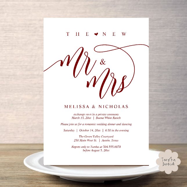 Invitation Le nouveau dîner de mariage moderne Mr et Mrs (The New Mr and Mrs, Modern Romantic Wedding Dinner Party Invites Card PDF in Burgundy Wine Red)