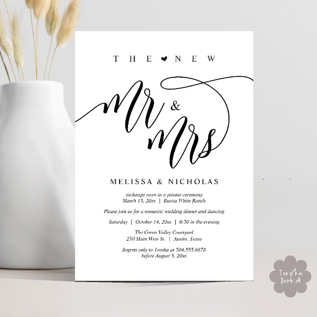 Invitation Le nouveau dîner de mariage moderne Mr et Mrs (The New Mr and Mrs, Modern Romantic Wedding Dinner Party Invites Minimalist Card PDF in Black White)